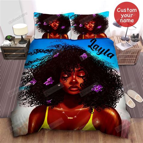 Personalized Curly Haired Black Girl With Purple Flowers Bed Sheets