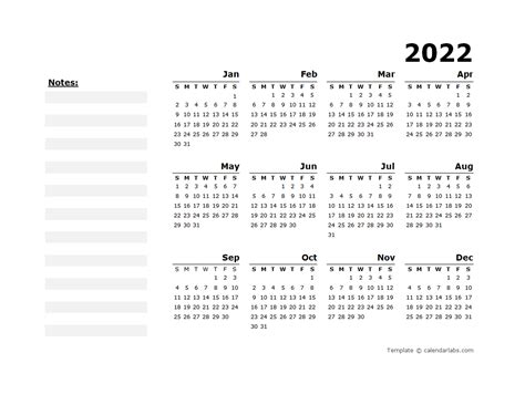 2022 Yearly Calendar Template Printable