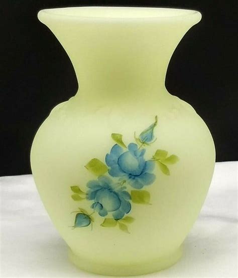 Fenton Art Glass Blue Roses On Custard Vase Hand Painted Signed Fenton Glass Art Blue Roses