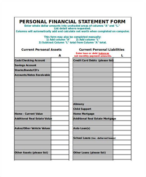 Free 6 Sample Personal Financial Statement Forms In Ms Excel Pdf Hot Sex Picture