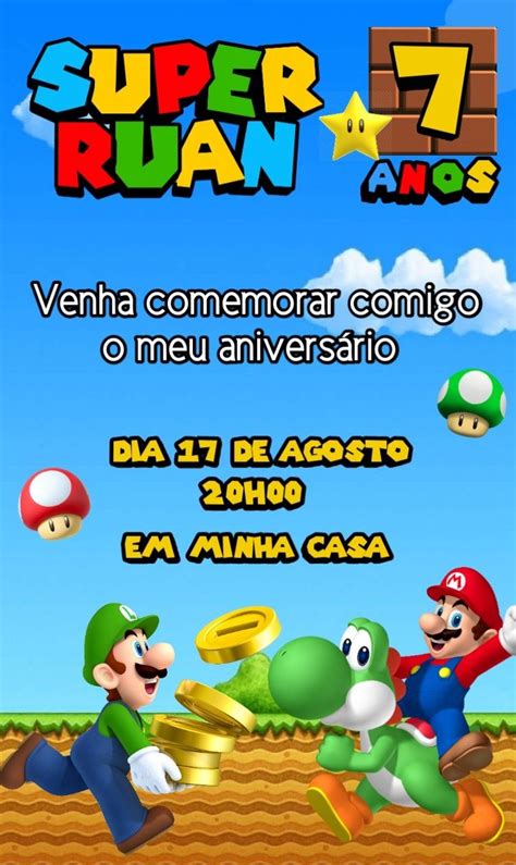 Convite Digital Super Mário Super mario bros party ideas Festa do