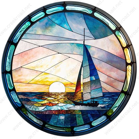 Sailboat Into The Sunset Faux Stained Glass Wreath Sign Round