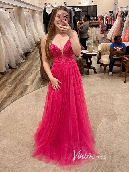 Pink Sparkly Tulle Prom Dresses Spaghetti Strap Evening Dress Fd3334