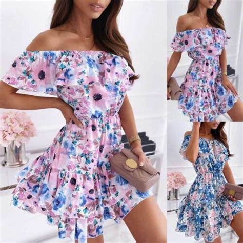 Womens Boho Floral Cold Shoulder Mini Dress Holiday Beach Party Swing