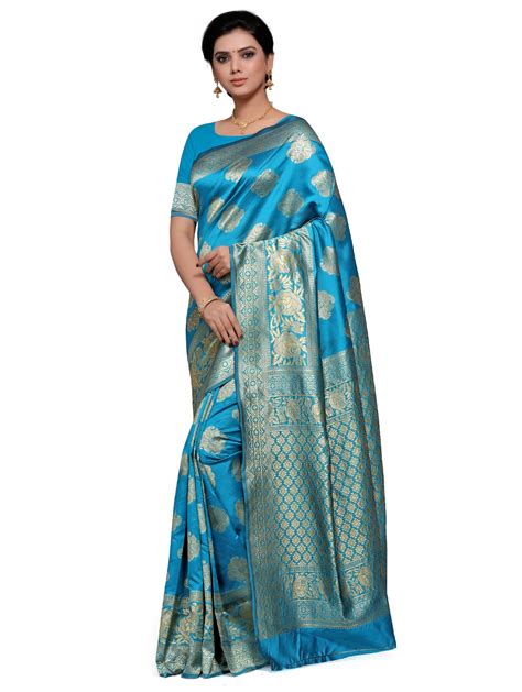 Buy Online Golden Self Design Jacquard Work Saree With Blouse From