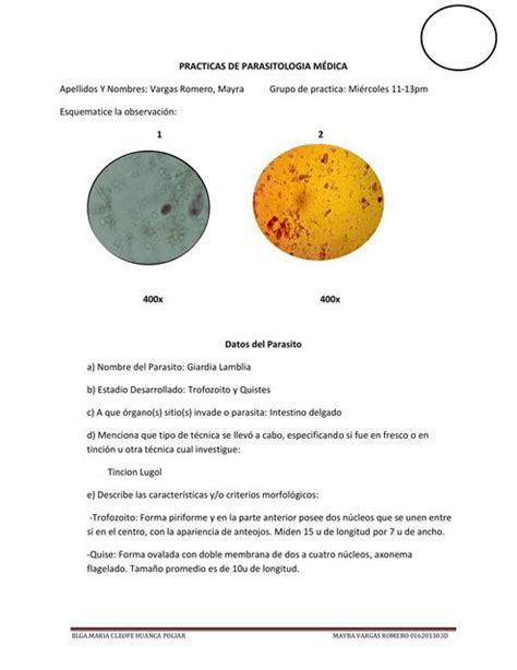 FICHA DE LABORATORIO Y RESUMEN DE ARTICULOS PARASITO Med Byme UDocz