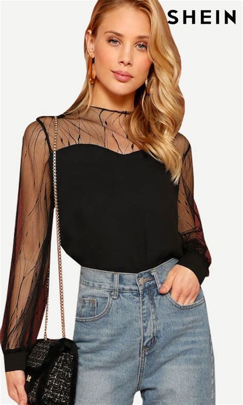 Shein Sheer Mesh Yoke Sweetheart Neck Top Round Neck Tops Blouses