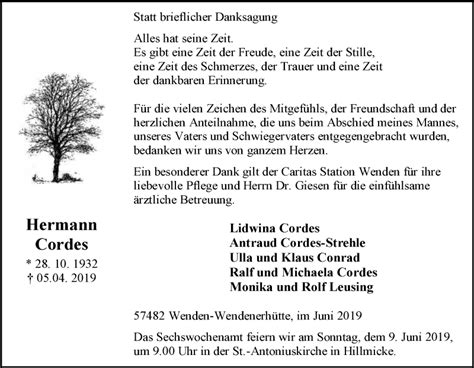 Traueranzeigen Von Hermann Cordes Trauer In NRW De