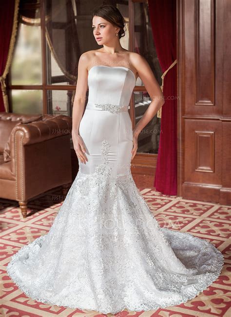 Trumpet Mermaid Sweetheart Chapel Train Satin Lace Wedding Dress With