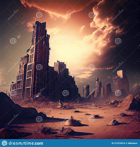 Post-apocalyptic City with Ruins of Destroyed Buildings Against Sky ...