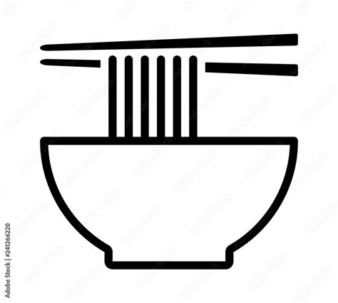 Vietnamese pho or Chinese lamian noodle soup bowl with chopsticks line art vector icon for food ...