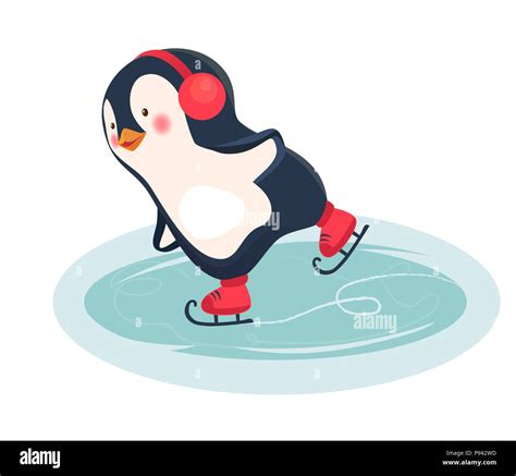 Penguin cartoon. Penguin ice skates on ice skating rink in the winter ...