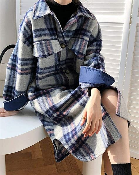 Womens Lightweight Spread Collar Wool Blend Plaid Midi Shacket Trench