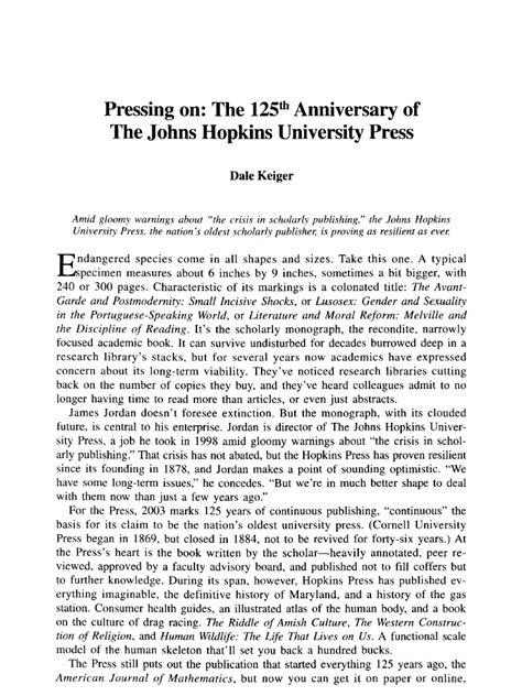 Pressing On The Anniversary Of The Johns Hopkins University Press