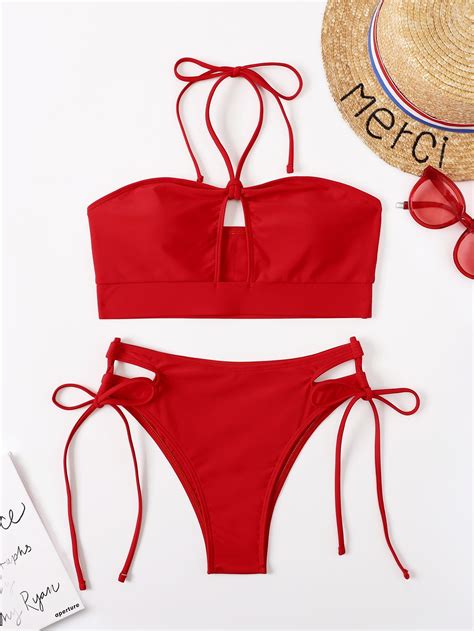 Shein Swim Basics Conjunto De Bikini Unicolor Sujetador Halter Y Traje