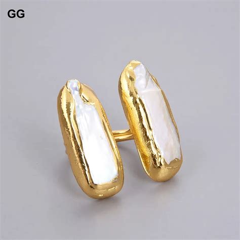 Guaiguai Jewelry Natural White Keshi Biwa Pearl Yellow Gold Color