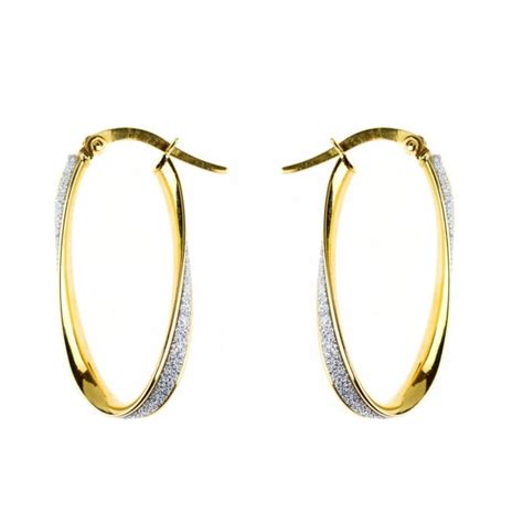 9ct Gold Oval Moondust Twist Creole Hoop Earrings