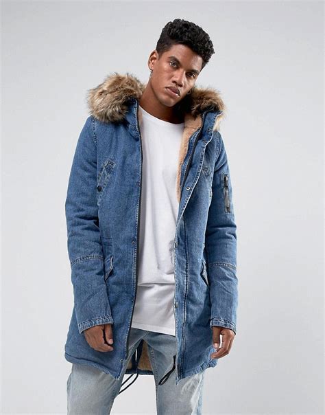 Sixth June Denim Parka Jacket With Oversized Faux Fur Hood Blue Denim Parka Jacket Denim