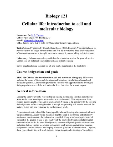 Biology 121 Cellular Life Introduction To Cell And Molecular Biology