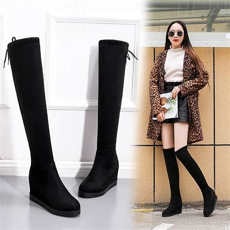 Buy New Flock Leather Women Over The Knee Boots Lace Up Sexy High