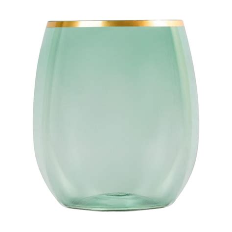 Ecoquality 12 Oz Green Plastic Stemless Wine Glasses With Gold Rim