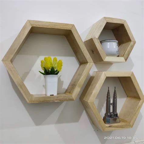 Rak Dinding Hexagonal Hiasan Dinding Minimalis Natural Kayu Lazada