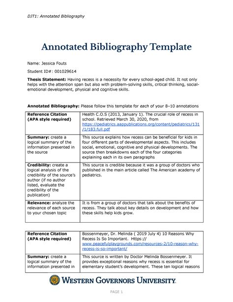 Bibliography Template For Elementary Students