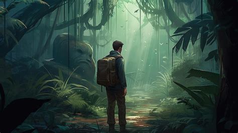 Premium AI Image | Adventurer stand in lush jungle digital art ...