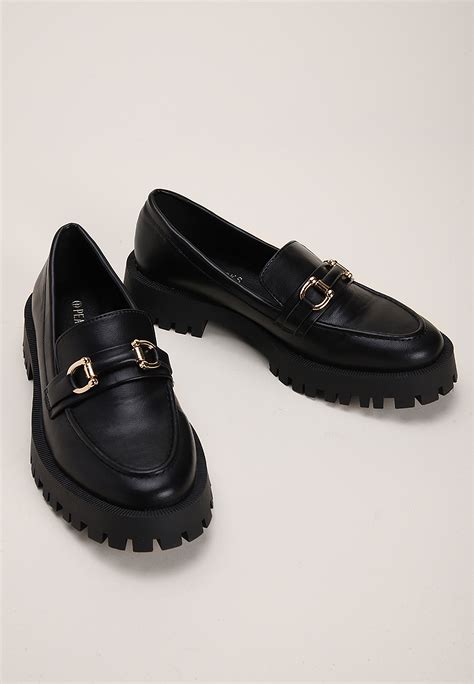 Womens Black Gold Buckle Chunky Loafers Peacocks