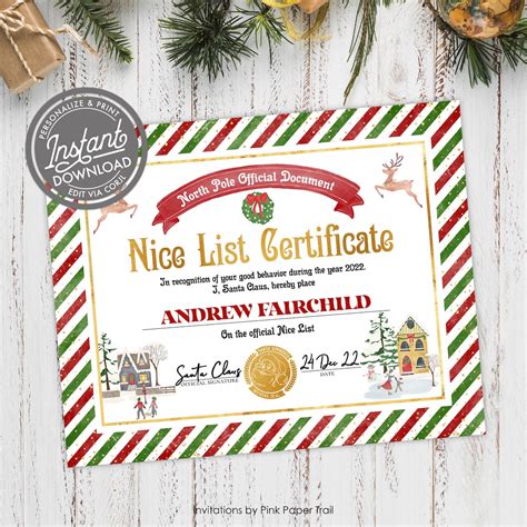 Editable Nice List Certificate Printable Santas Official Nice List