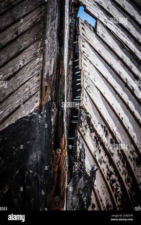 Derelict Abandoned Wooden Fishing Boat Gnarly Wood Flaking Paint On