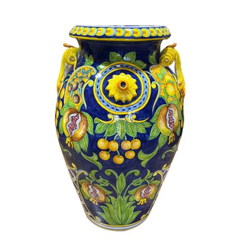 Tall Urn With Fruit On A Blue Background Italian Pottery Outlet