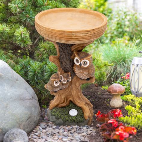 Gardenkraft Owl Design Bird Bath With Solar Light Weatherproof