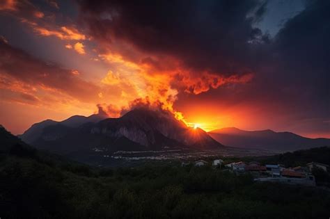 Premium AI Image | A sunset with a volcano in the background