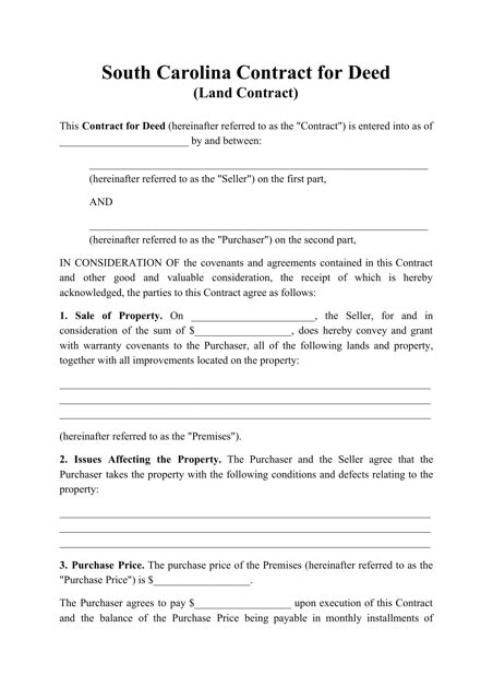 South Carolina Contract For Deed Land Contract Fill Out Sign Online And Download Pdf