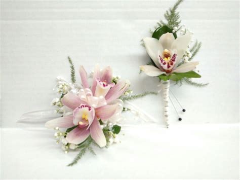 Mini Pink Cymbidium Orchid Corsage And Boutonniere With White And Pearl