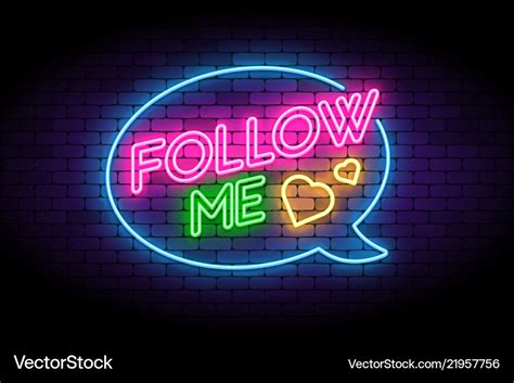 Follow me neon sign on the brick wall with hearts Vector Image