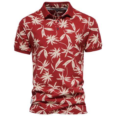 Aiopeson Hawaii Style Men Polo Shirts Cotton Leaf Printing Short