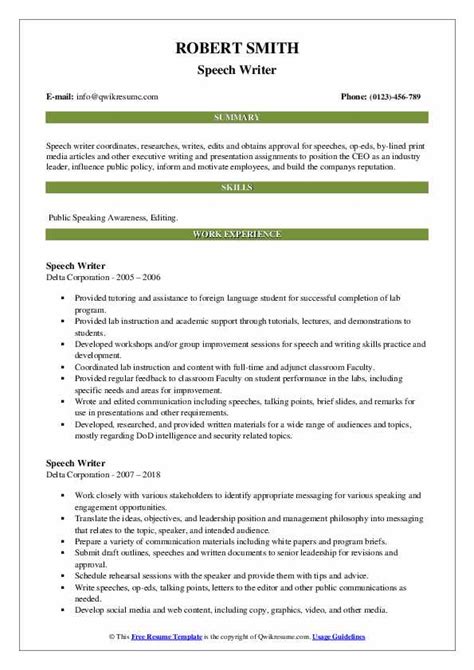 Speech Writer Resume Samples Qwikresume