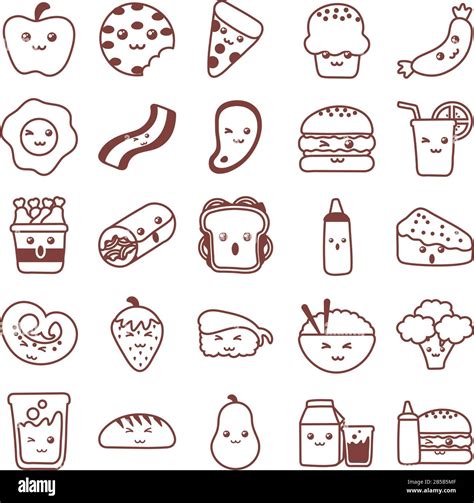 Set Of Icons Kawaii Food Line Style Icon Vector Illustration Design