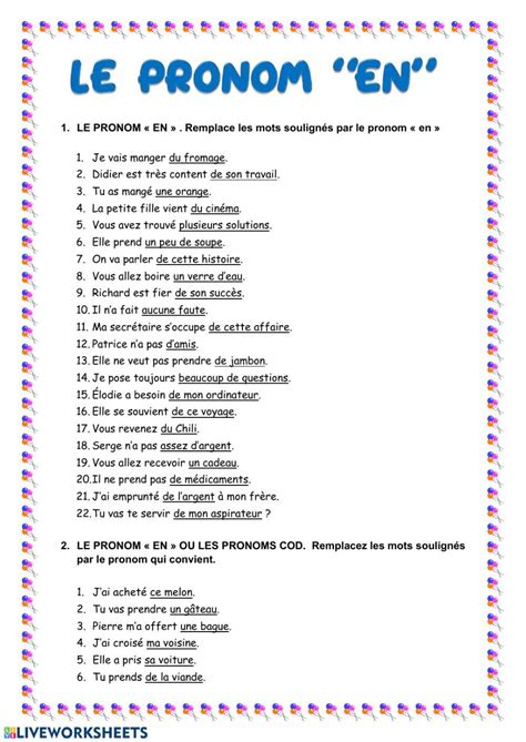 Le Pronom En Worksheet French Worksheets School Subjects Teachers