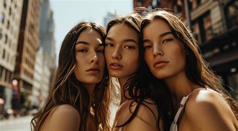 Premium Photo Three Brunette Women Posing In The Street