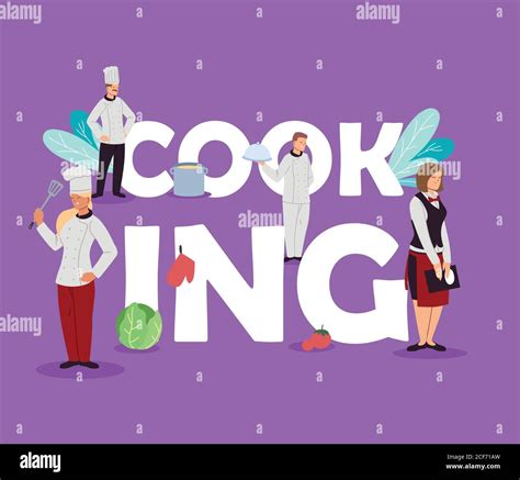 Team Of Chefs And Waiters Cooking For Restaurant Vector Illustration