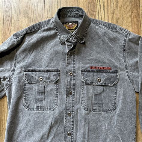 Vtg Harley Davidson Embroidered Pocket Grey Denim Lon Gem