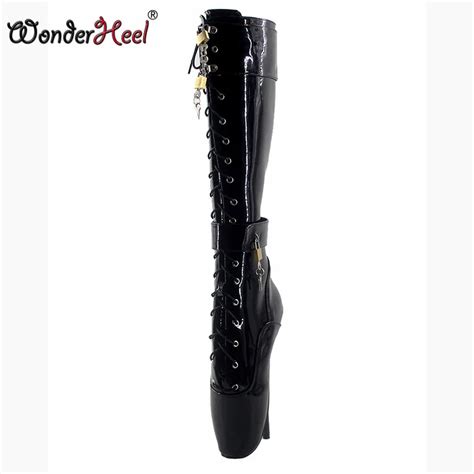 Wonderheel Ultra High Heel 18cm Stiletto Heel Black Lockable Padlocks Knee High Ballet Boots