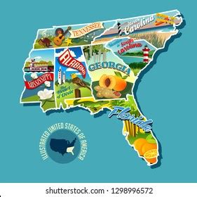 Illustrated Pictorial Map Southern United States Stock Vector (Royalty ... 