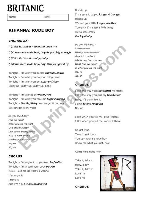 Rihanna Rude Boy song worksheet - ESL worksheet by lexapixie