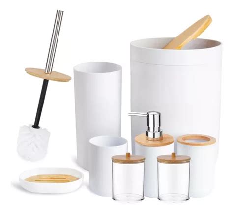 Kit De Banheiro Lavabo Lixeira 8 Peças Luxo Bambu Completo Frete grátis