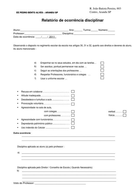 Exemplo De Ocorrência Escolar - Relatório de Ocorrência Disciplinar Escolar | PDF | Escolas | Estudantes