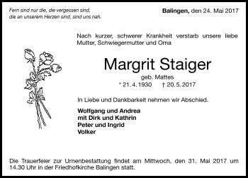 Traueranzeigen von Margrit Staiger Schwarzwälder Bote Trauer